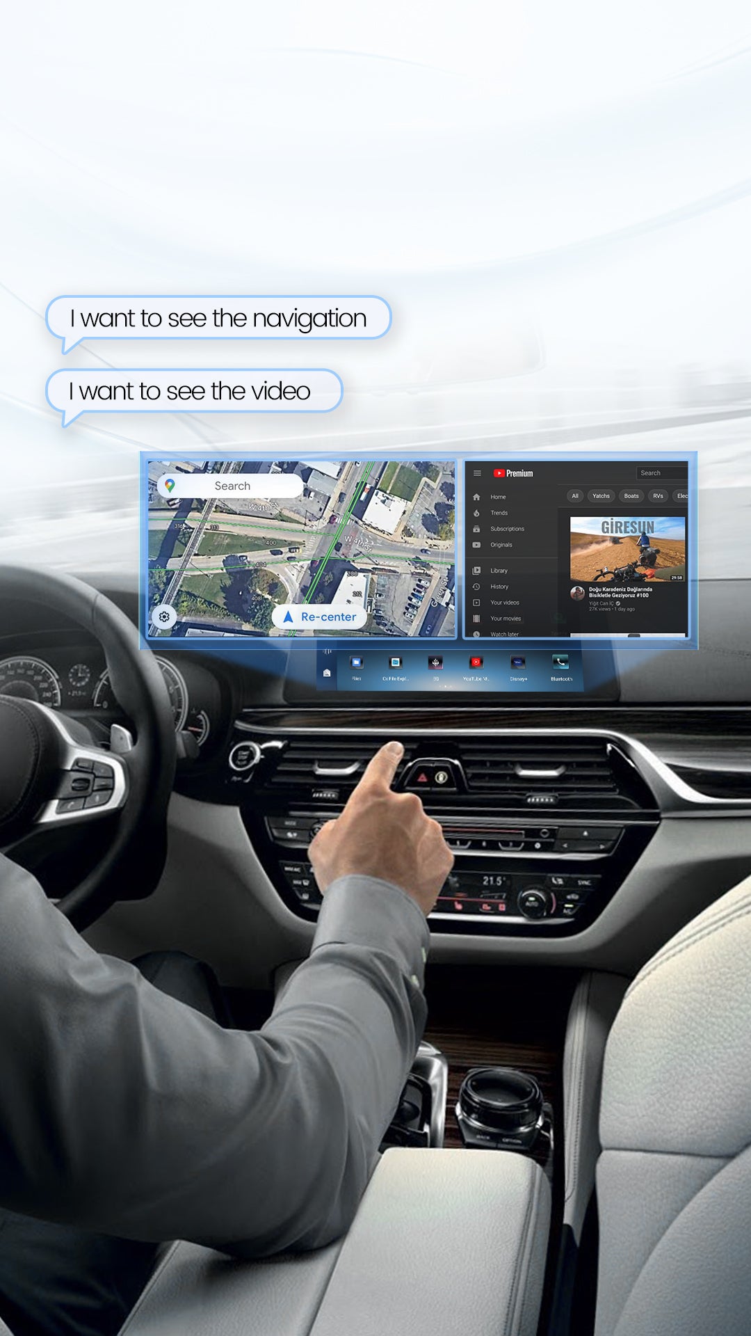 Driver using car dashboard display with Google Maps navigation and YouTube video via Ottocast CarPlay adapter
