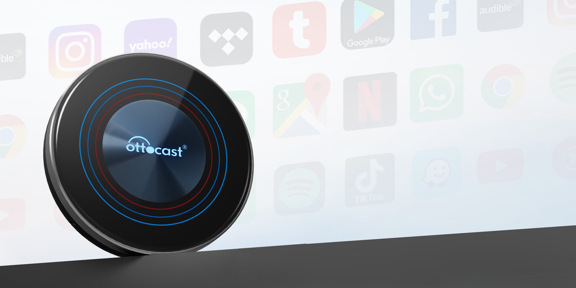 Ottocast round wireless CarPlay adapter with app icons background for car multimedia and smartphone connectivity