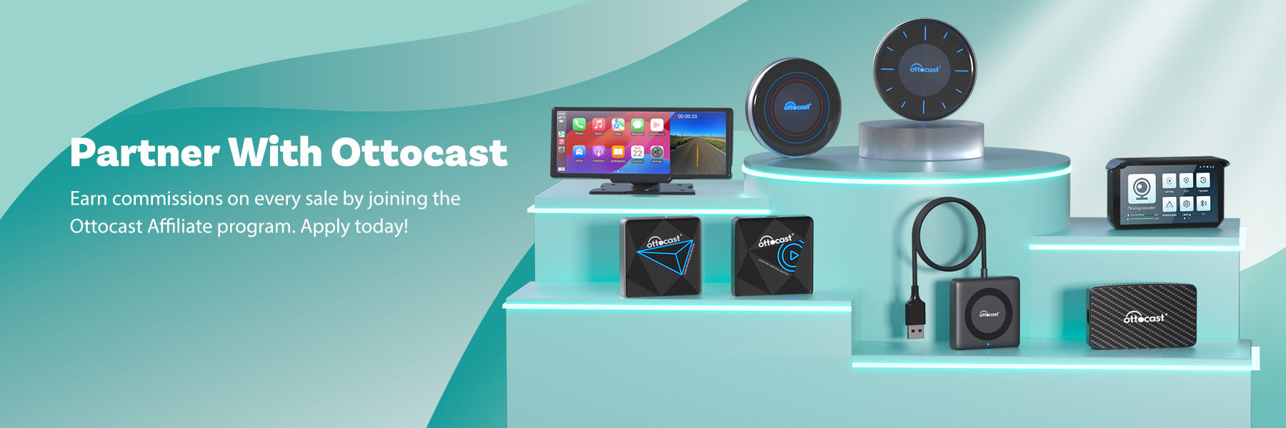 Ottocast affiliate program banner showing wireless CarPlay adapters and tech devices with commission offer
