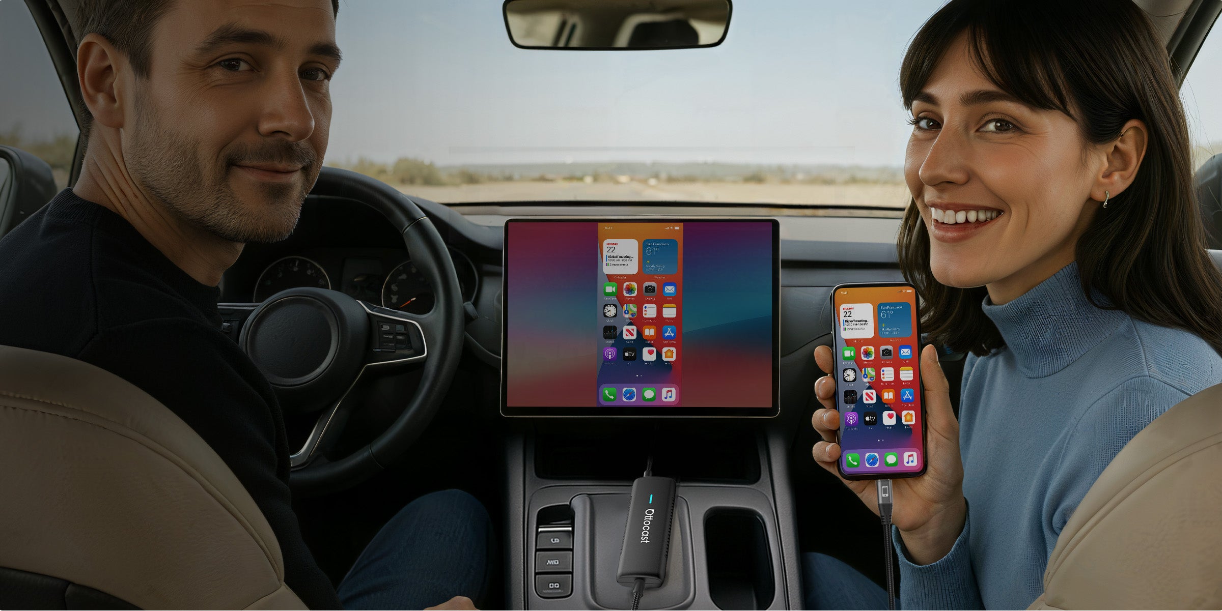 Couple using Ottocast CarPlay adapter to mirror iPhone screen on car display for seamless wireless connectivity