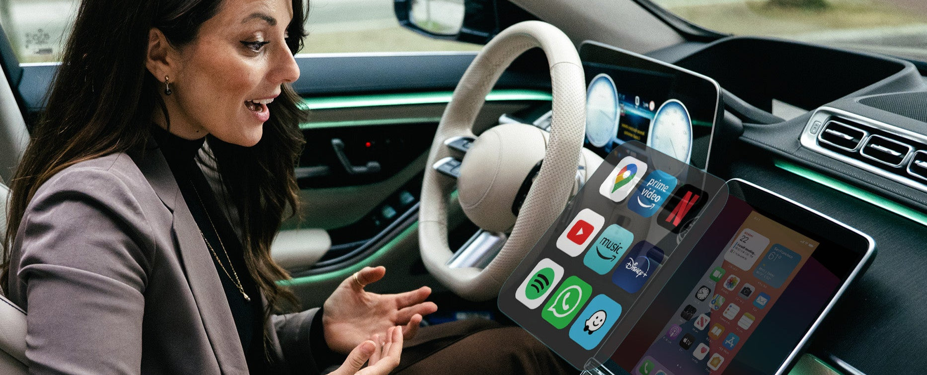 Woman using Ottocast AI Box CarPlay Android Auto adapter with apps like Netflix YouTube Spotify Google Maps in car