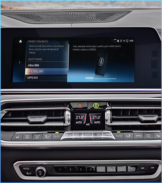 Car dashboard screen showing Ottocast AI Box Bluetooth pairing for wireless CarPlay and Android Auto connection setup