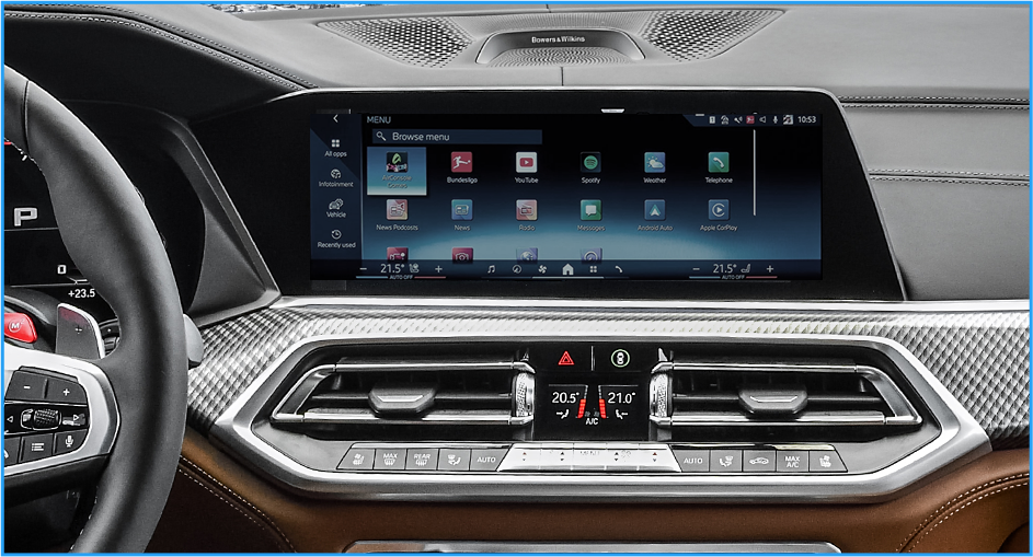 Car dashboard with Ottocast CarPlay AI Box showing apps on large infotainment screen for seamless in-car connectivity