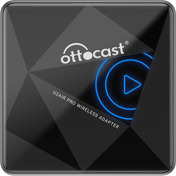 Ottocast U2-Air Pro wireless CarPlay adapter compact black design with illuminated play icon for seamless connectivity