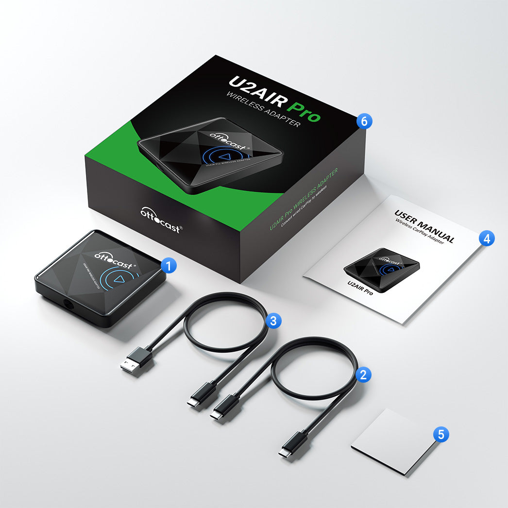 Ottocast U2Air Pro wireless CarPlay adapter with cables, user manual and packaging box
