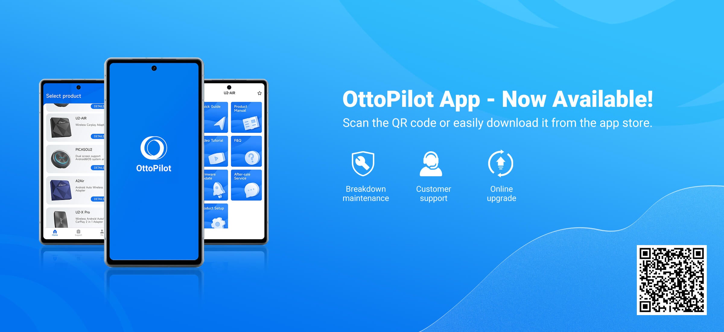 Ottocast OttoPilot app for wireless CarPlay adapter setup, customer support, online upgrade and product maintenance
