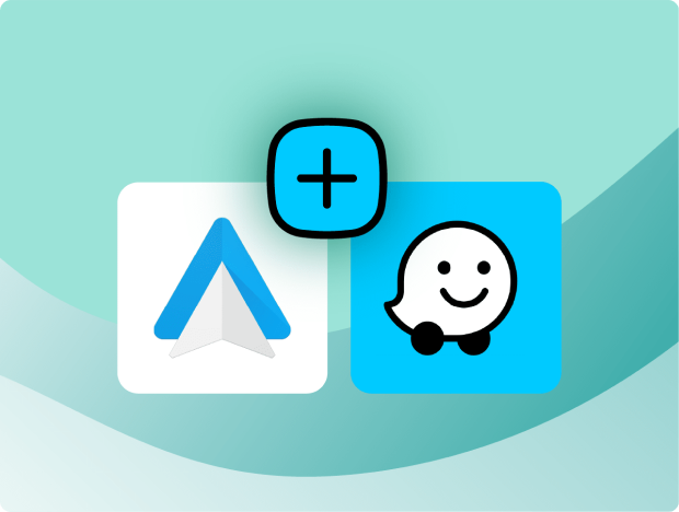 Android Auto and Waze integration icon on teal background, navigation and driving assistant apps