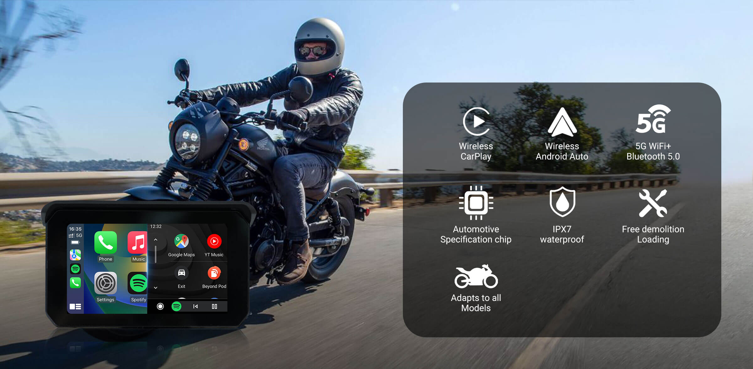 Ottocast motorcycle CarPlay Android Auto display with 5G WiFi Bluetooth waterproof and universal compatibility