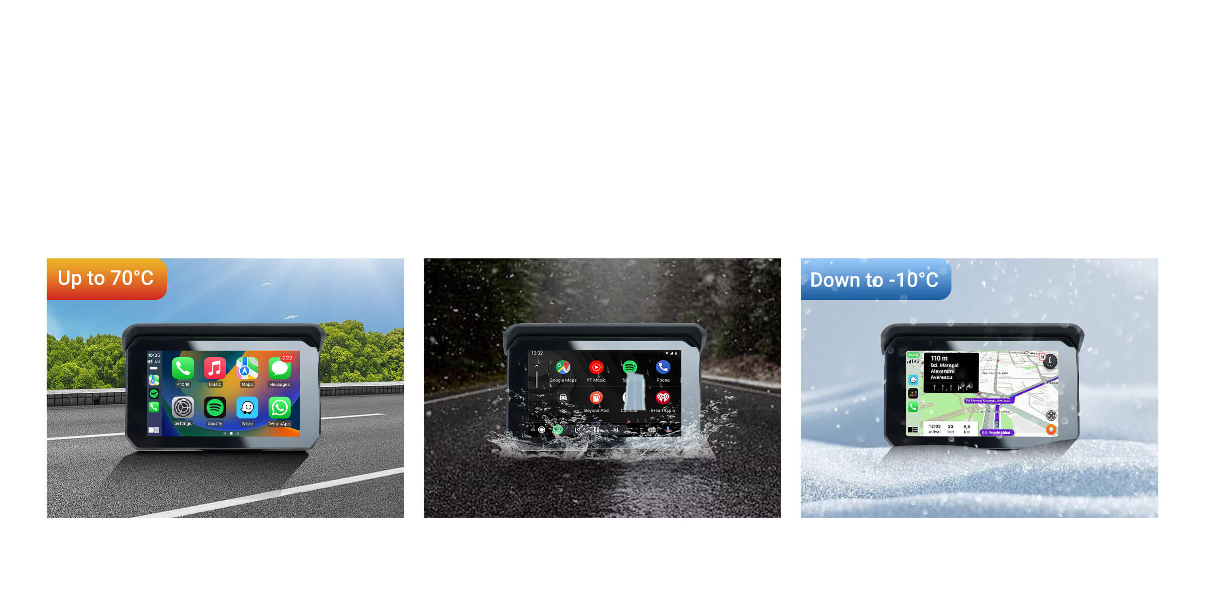 Weatherproof car display operating from -10°C to 70°C with navigation, music, and app integration
