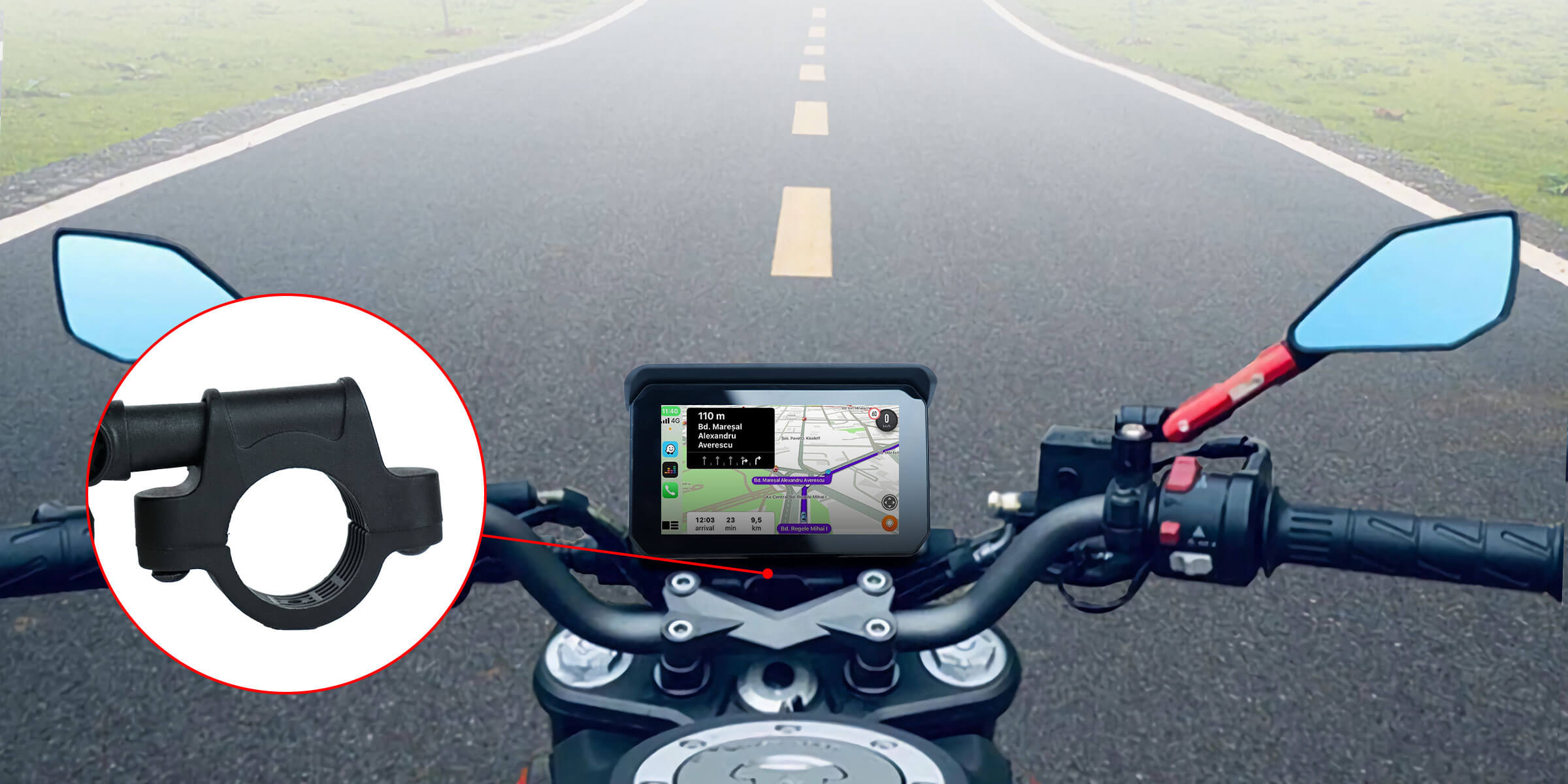 Motorcycle handlebar mount with navigation display screen showing GPS route using Ottocast CarPlay Android Auto adapter