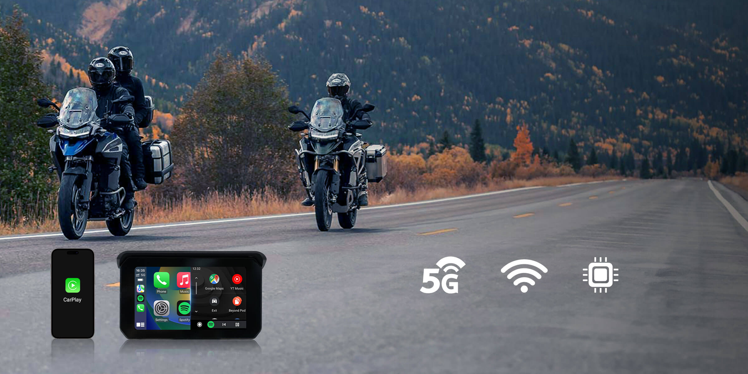 Motorcycle riders using Ottocast CarPlay display with 5G WiFi navigation and smart connectivity on the road