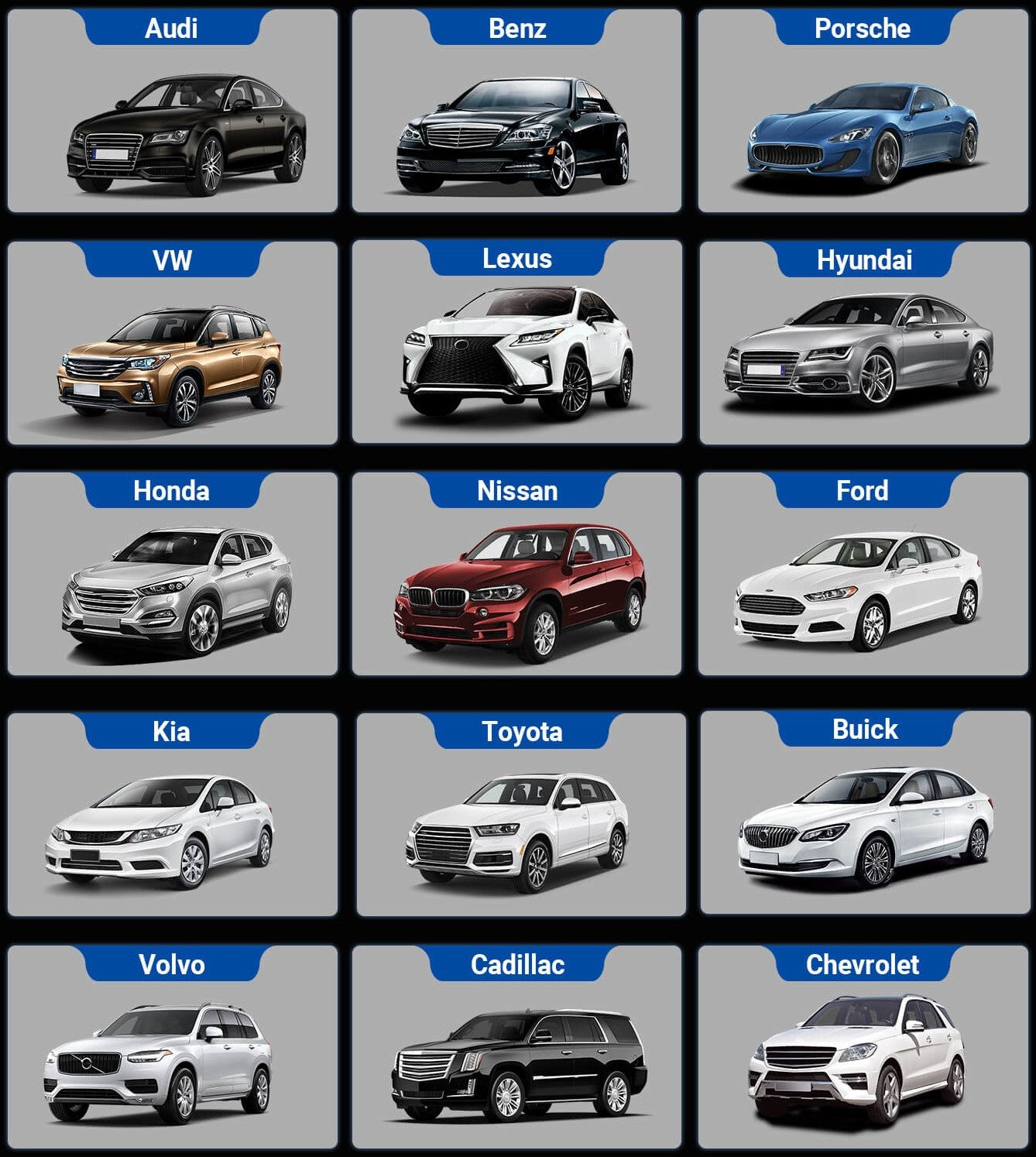 Car brand lineup including Audi, Benz, Porsche, VW, Lexus, Hyundai, Honda, Nissan, Ford, Kia, Toyota, Buick, Volvo, Cadillac, Chevrolet