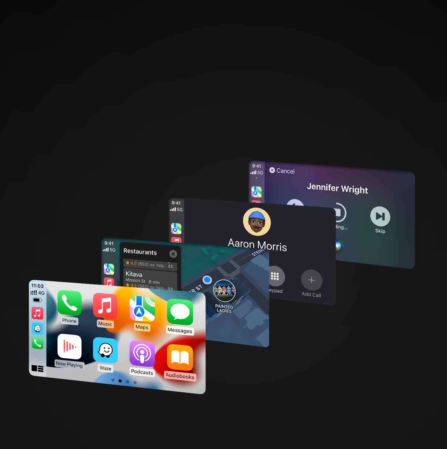 Apple CarPlay interface with phone calls music maps messages navigation podcasts audiobooks on Ottocast adapter