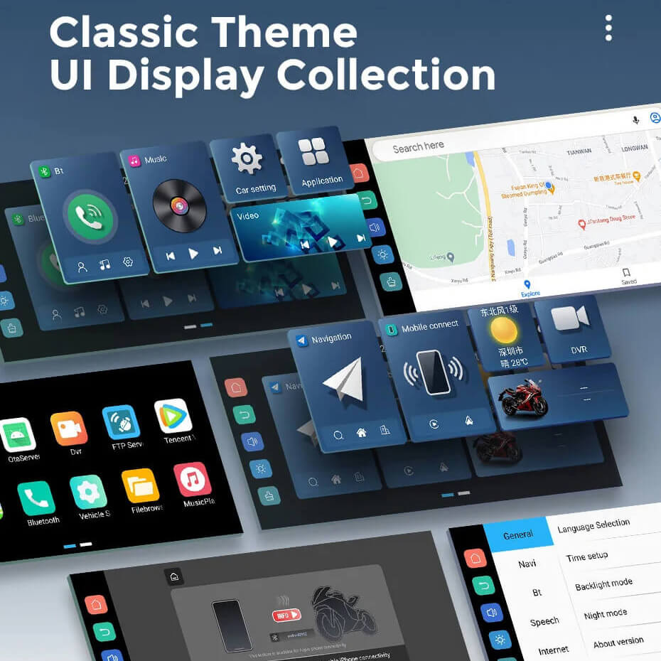 Ottocast motorcycle and car display classic theme UI with navigation, music, apps and system settings