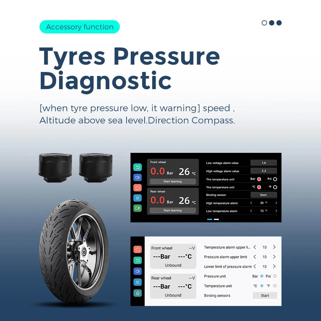 Motorcycle wireless CarPlay display with tire pressure monitoring diagnostic and safety alerts