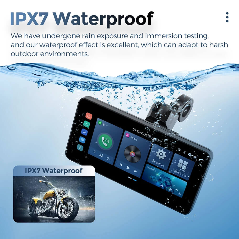 IPX7 waterproof motorcycle display screen with navigation, music, and call functions for all-weather riding