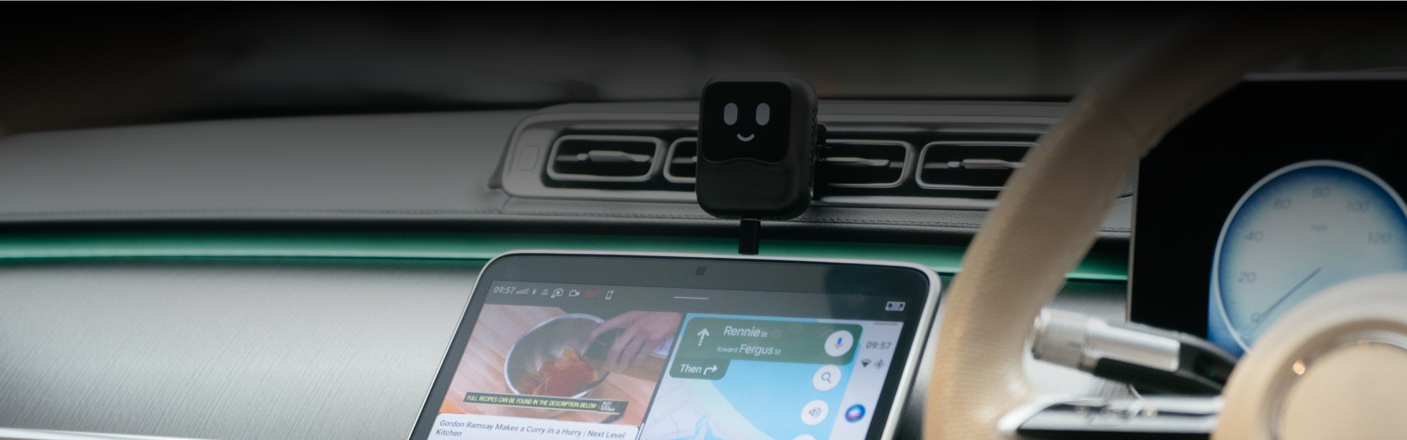 OTTOCAST NanoAI AI car box with smiley-face display mounted above the infotainment screen