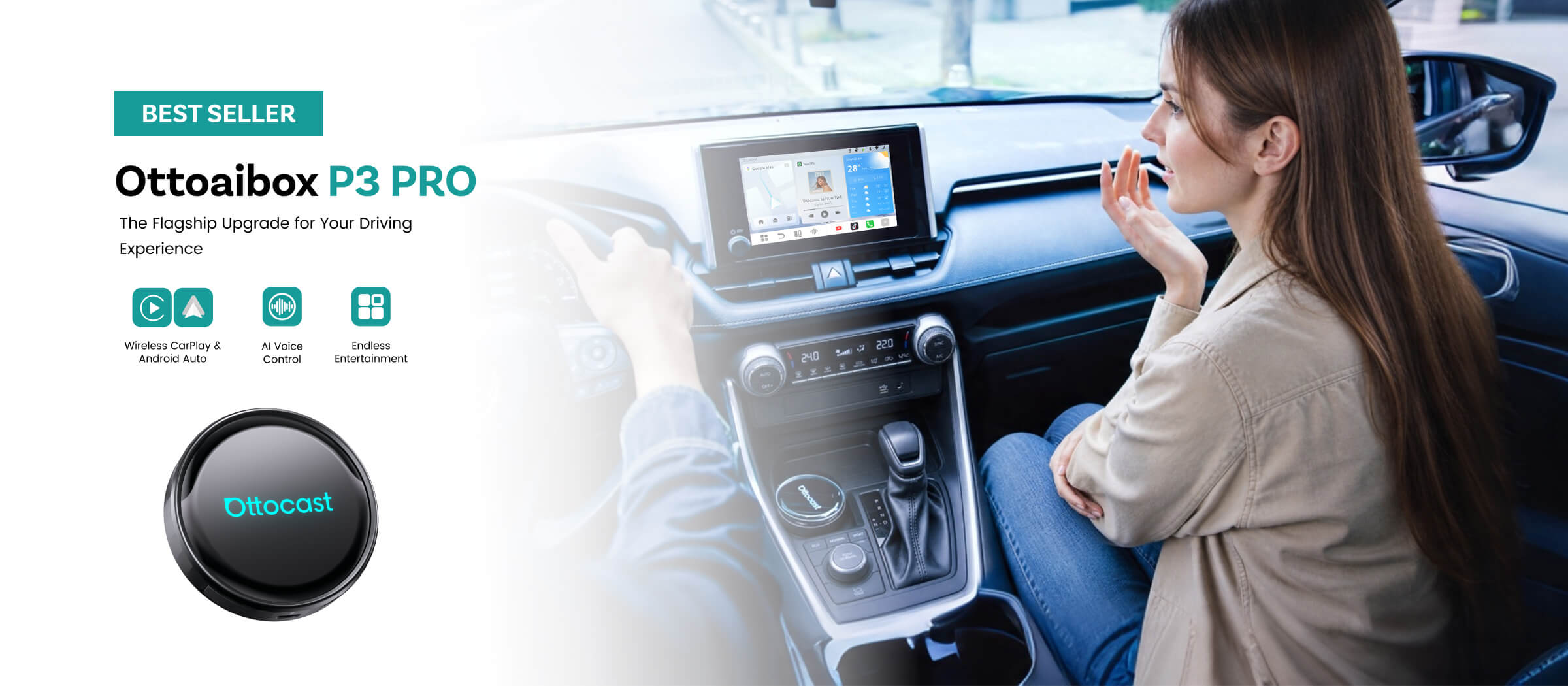 Ottocast OTTOAIBOX P3 Pro CarPlay AI Box with wireless CarPlay, Android Auto and AI voice control