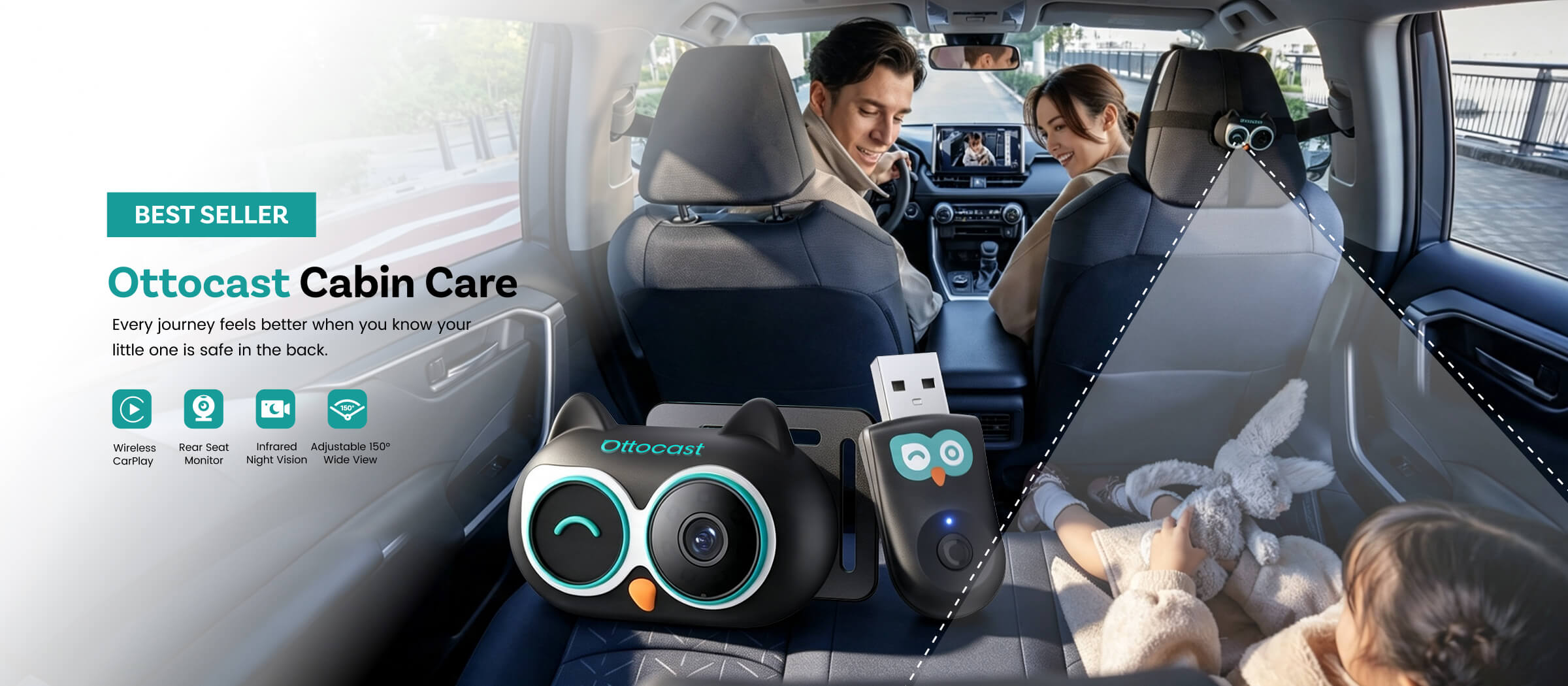 Ottocast Cabin Care rear seat monitor with infrared night vision and wireless CarPlay for family road trips