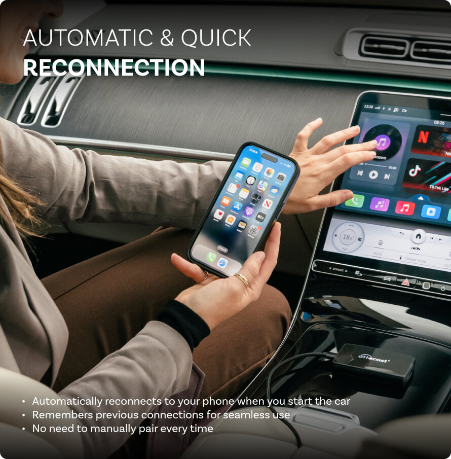 Wireless CarPlay adapter showing automatic phone reconnection with in-car touchscreen display