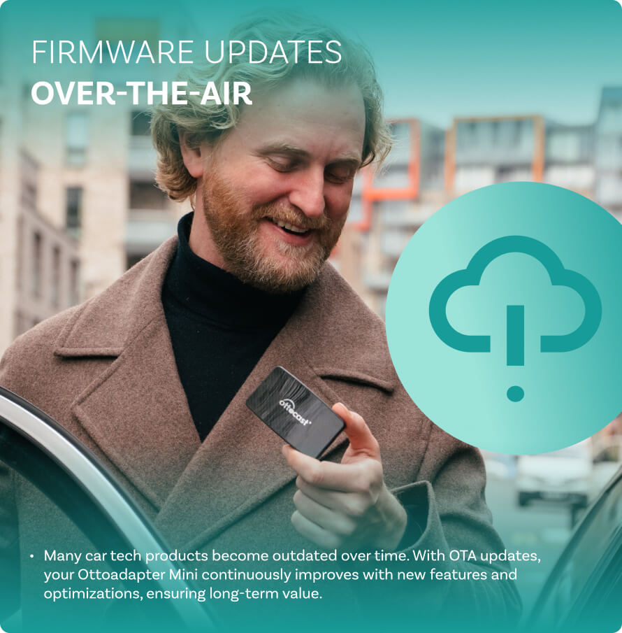 Man holding a Play2Video Pro wireless CarPlay and Android Auto adapter with over-the-air firmware updates icon.