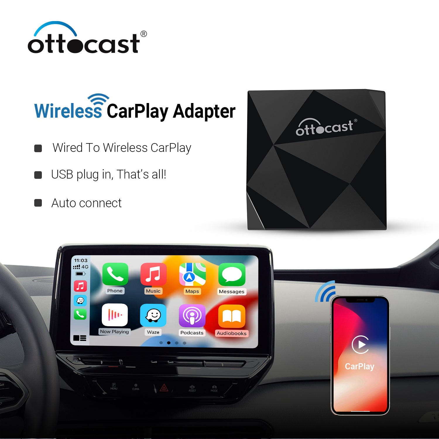OTTOCAST U2 Plus CarPlay Ai Box 64G Android 9 Wireless CarPlay Android Auto  Netflix TV Box for Toyota Volkswagen Hyundai Ford - AliExpress