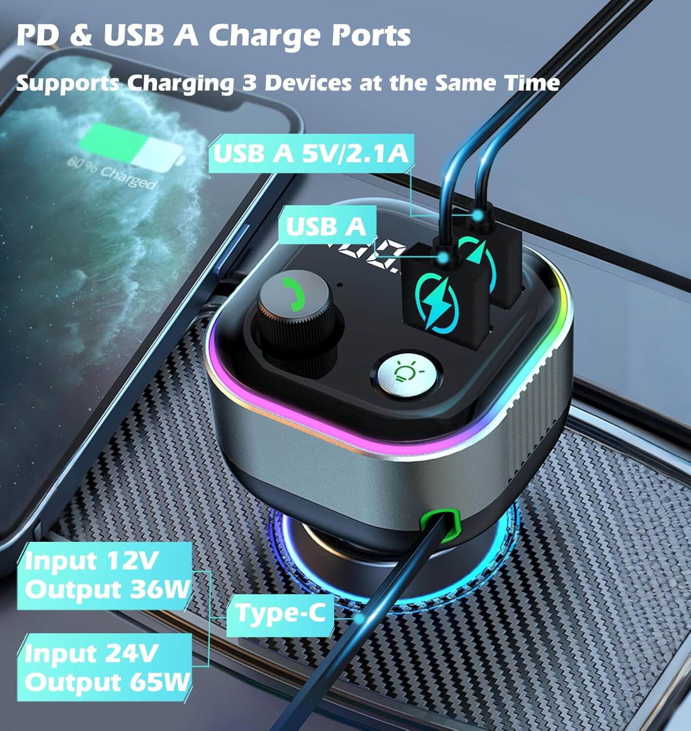 65W Bluetooth Car MP3 Player & Charger