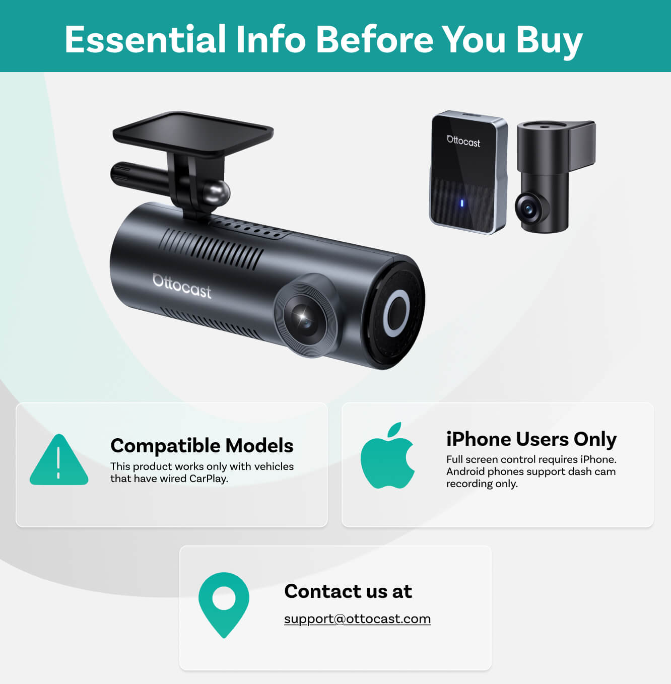OttoSafe Cam 2-i-1 dashcam & trådløs CarPlay adapter