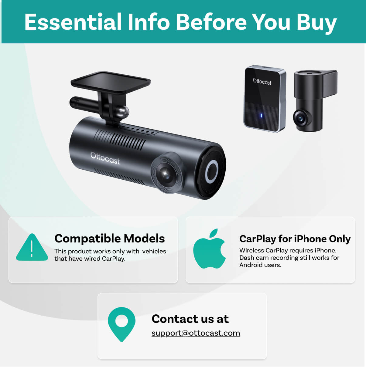 Ottocast OttoSafe Cam 2 in 1 Dash Cam Wireless CarPlay Adapter