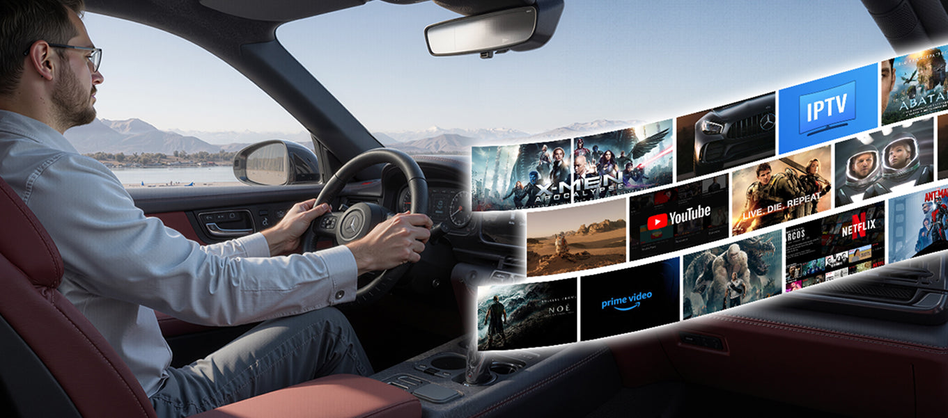 Wide in-car display showing multiple streaming tiles and content