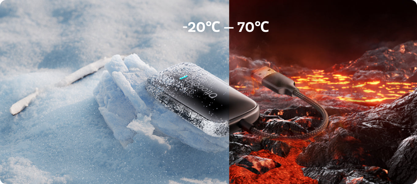 Play2Video Ultra shown between ice and lava to indicate operating temperature range from -20°C to 70°C