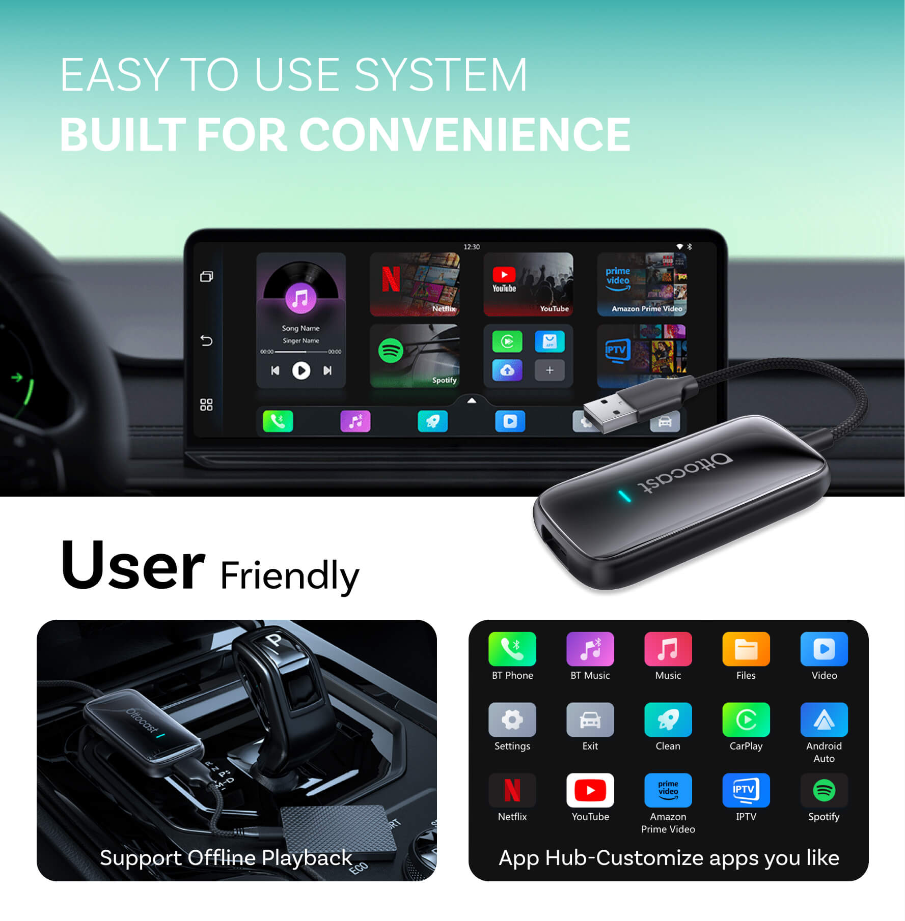 OTTOCAST Play2Video Ultra - Box AI Pour Voiture Avec CarPlay/Android Auto Sans Fil, Netflix, YouTube - Mise à Jour 2025